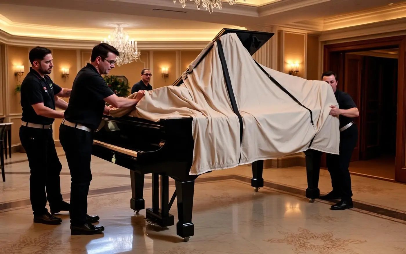 Dva stěhováci přenášejí černé piano po schodech s ochrannými dekami